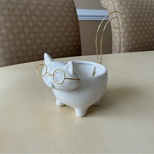 White Ceramic Kitty Cat Bowl Planter With Eyeglasses Figurine Decor 👓